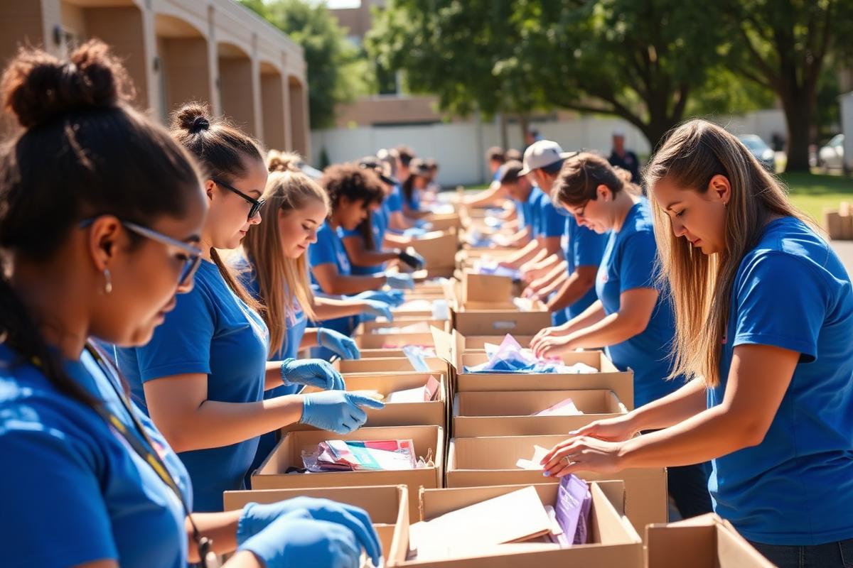 Volunteers preparing supplies for Visionhandz families